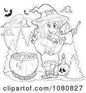 Clipart Outlined Halloween Witch Making A Potion Royalty Free Vector Illustration