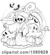 Poster, Art Print Of Outlined Grim Reaper And Ghosts With Halloween Pumpkins