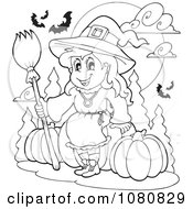 Clipart Outlined Halloween Witch Sitting On Pumpkins Royalty Free Vector Illustration