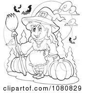 Poster, Art Print Of Outlined Halloween Witch Sitting On Pumpkins