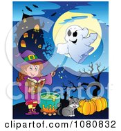 Poster, Art Print Of Halloween Witch In Purple Making A Potion By A Haunted House