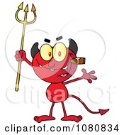 Little Red Devil Smoking A Cigar And Holding Up A Trident by Hit Toon