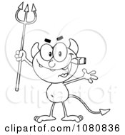 Clipart Outlined Little Devil Smoking A Cigar And Holding Up A Trident Royalty Free Vector Illustration