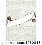 Poster, Art Print Of Blank Parchment Scroll Banner Over A Tan Damask Background