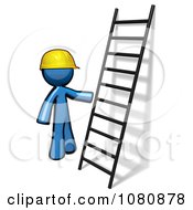 Poster, Art Print Of 3d Blue Man Construction Worker By A Ladder
