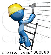 Poster, Art Print Of 3d Blue Man Roofer On A Ladder Hammering Tiles