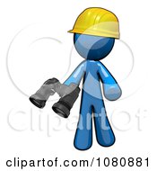 Poster, Art Print Of 3d Blue Man Construction Worker Holding Binoculars