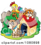 Parrot And Orange Cat By A Dog And House