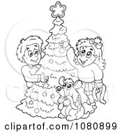 Poster, Art Print Of Outlined Dog And Kids Decorating A Christmas Tree