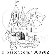 Poster, Art Print Of Outlined Dragon Guarding A Castle