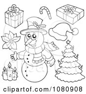 Clipart Outlined Gifts A Snowman Candles Poinsettia And Christmas Tree Royalty Free Vector Illustration