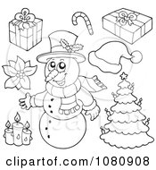 Poster, Art Print Of Outlined Gifts A Snowman Candles Poinsettia And Christmas Tree