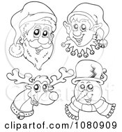 Poster, Art Print Of Outlined Santa Elf Reindeer And Snowman Faces