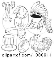 Poster, Art Print Of Outlined Bald Eagle Cactus Headdress Uncle Sam Hat Football And Fast Food