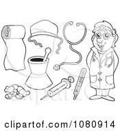 Poster, Art Print Of Outlined Doctor And Medical Items