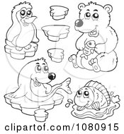 Clipart Outlined Penguin Seal Bear And Fish Royalty Free Vector Illustration