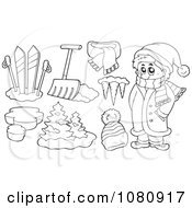 Poster, Art Print Of Outlined Winter Man With Skis Shovel Icicles And A Hat
