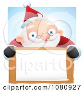 Poster, Art Print Of Chubby Santa Smiling Over A Blank Wooden Sign And White Paper Against Snow