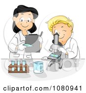Poster, Art Print Of School Boy And Female Teacher Viewing Samples Through A Microscope