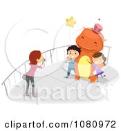 Poster, Art Print Of Woman Taking Picture Of Stick Kids With A Dinosaur Mascot