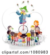 Stick Kids Watching A Clown Juggle On A Unicycle