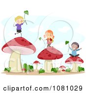 Clipart Stick Kids Playing With Leaves And Mushrooms Royalty Free Vector Illustration