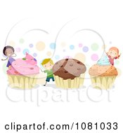 Poster, Art Print Of Stick Kids With Giant Cupcakes And Colorful Dots
