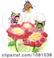 Clipart Stick Kid Butterflies Over Flowers Royalty Free Vector Illustration