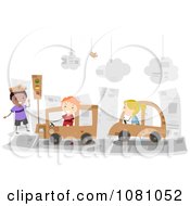 Poster, Art Print Of Stick Kids Driving Cardboard Cars In A Paper City