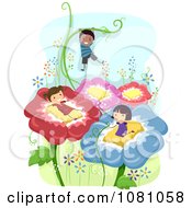 Clipart Stick Kids Playing On Giant Flowers Royalty Free Vector Illustration