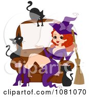 Poster, Art Print Of Sexy Halloween Pinup Witch Sitting On A Chair With A Sign Surrounded By Black Cats