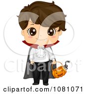 Poster, Art Print Of Vampire Halloween Boy With A Pumpkin Basket