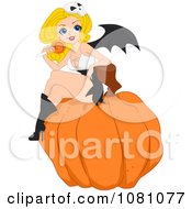 Poster, Art Print Of Halloween Bat Wing Pinup Woman With A Lolipop Sitting On A Pumpkin
