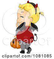 Poster, Art Print Of Toddler Devil Halloween Girl Carrying A Pumpkin Basket