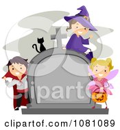 Poster, Art Print Of Halloween Stick Kids And Cat By A Tombstone