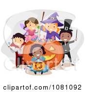Halloween Stick Kids In Costumes Around A Giant Candy Pumpkin