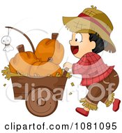 Poster, Art Print Of Toddler Farmer Halloween Boy Pusking A Cart Of Pumpkins
