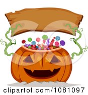 Poster, Art Print Of Candy Jackolantern Holding Up A Blank Wood Halloween Banner