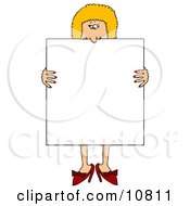 Blond Woman In Heels Standing Behind And Holding A Blank White Sign Clipart Illustration