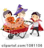 Poster, Art Print Of Halloween Stick Kids Putting Jackolanterns In A Wheelbarrow