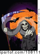 Clipart Grim Reaper Reaching Under An Orange Halloween Moon And Vampire Bats Royalty Free Vector Illustration by Pushkin