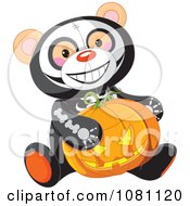 Poster, Art Print Of Halloween Skeleton Teddy Bear Holding A Jackolantern Pumpkin