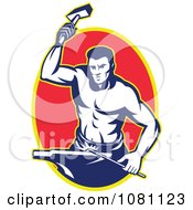 Poster, Art Print Of Retro Blacksmith Hammering Over A Red Oval