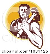 Clipart Retro Blacksmith With A Hammer On His Shoulder Over A Yellow Circle Royalty Free Vector Illustration