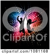 Poster, Art Print Of Silhouetted Dancers Jumping Against Colorful Stars And A Bright Light On Black