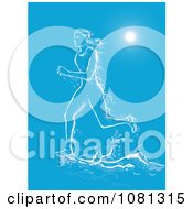 Female Marathon Runner Made Of Water Under Rays On Blue