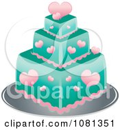 Clipart Three Tiered Pink Heart And Turquoise Square Fondant Cake Royalty Free Vector Illustration