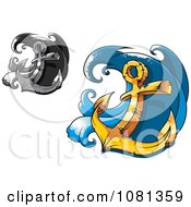 Poster, Art Print Of Grayscale And Gold Heavy Nautical Anchors And Waves