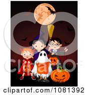 Poster, Art Print Of Group Of Halloween Trick Or Treaters Posing On A Red Background
