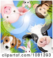 Circle Of Cute Animals Looking Down Against A Blue Sky